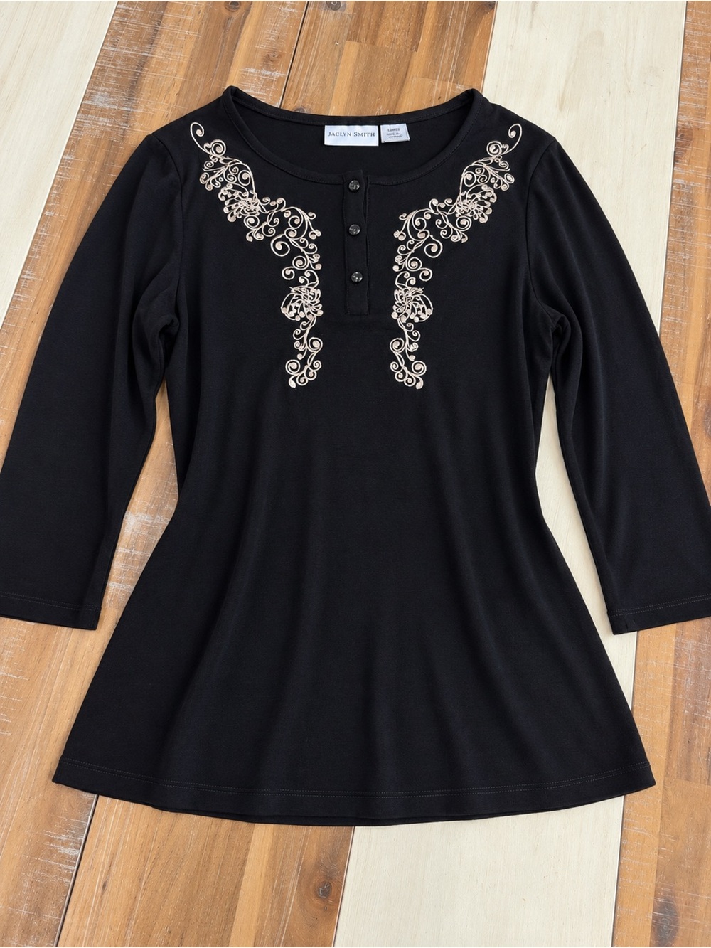 Jaclyn Smith Black Three-Quarter Sleeve Scoop Neck Top with Cream Embroidery